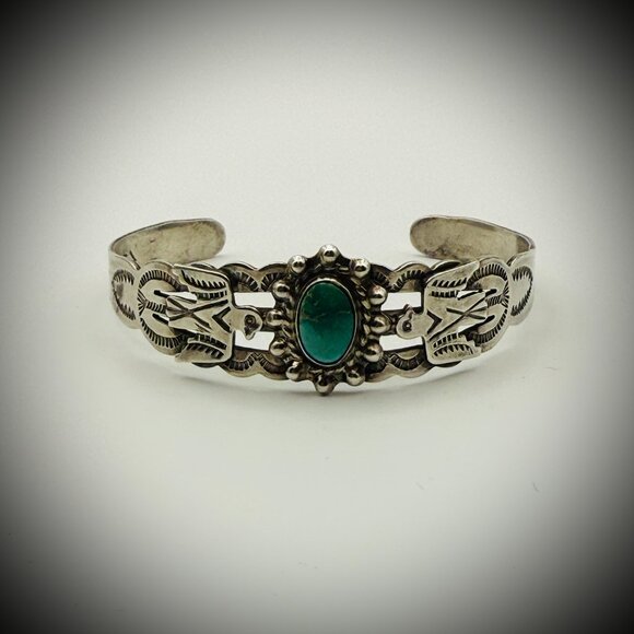 Vintage Fred Harvey Era Coin Silver Cuff Bracelet – Turquoise & Arrow Design - Picture 1 of 5